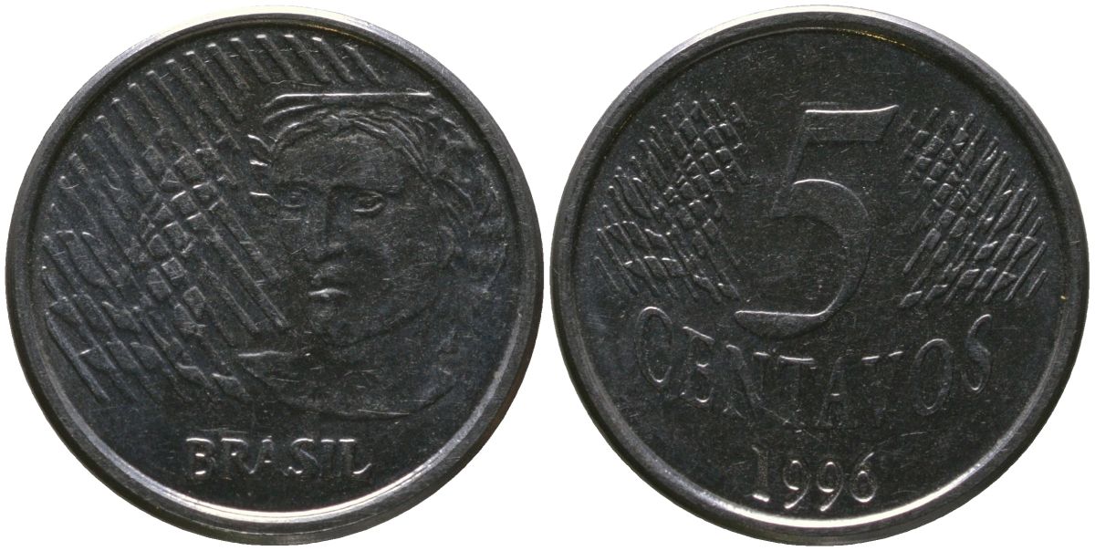 Бразилия 5 сентаво 1996 KM 632, Schon 141 нержавеющая сталь 4519-647