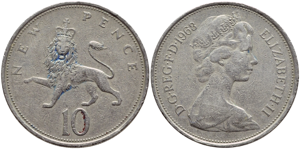 Великобритания 10 пенсов 1968 Елизавета II (1952-2022) KM 912, Spink 4231 (F1) медно-никель 4394-1236