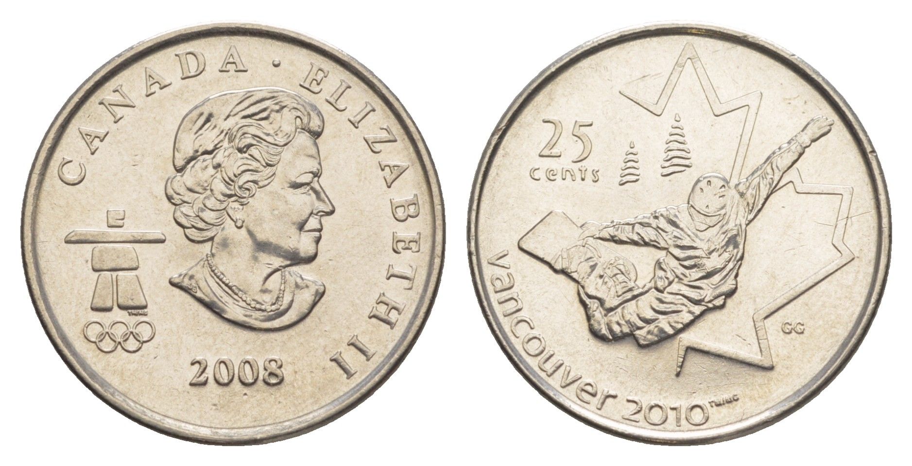 Канада 25 центов 2008 XXI зимние Олимпийские Игры, Ванкувер 2010 - Сноуборд KM 768 сталь плакированная никелем UNC 4637-944