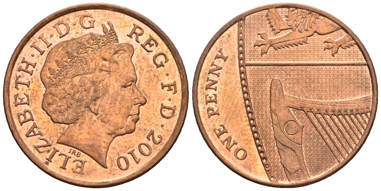Великобритания 1 пенни 2010 Елизавета II (1952-2022) KM 1107, Spink B6 сталь плакированная медью 4609-721