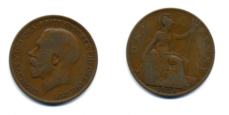 Великобритания 1 пенни 1921 Георг V (1910-1936) KM 810, Spink 4051 бронза 47-544