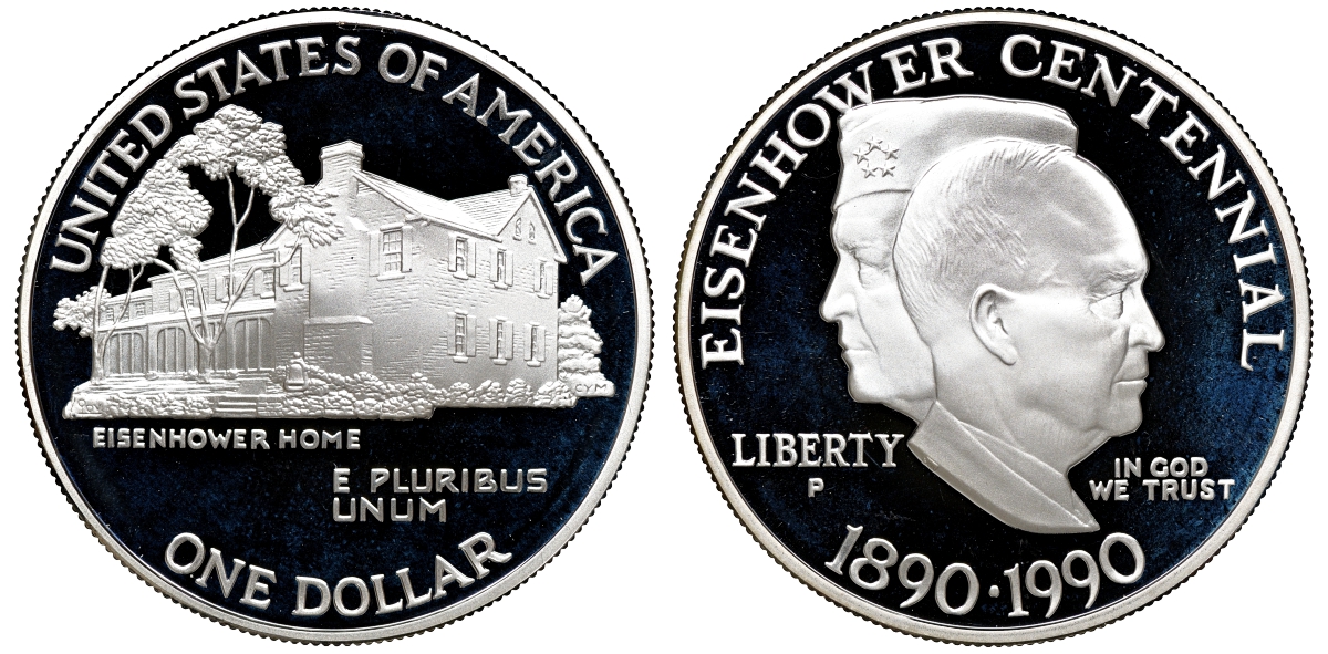 США 1 доллар 1990 Р, 100 лет со дня рождения Президента Эйзенхауэра, оригинальная коробка, сертификат KM 227 серебро PROOF 00-000-00