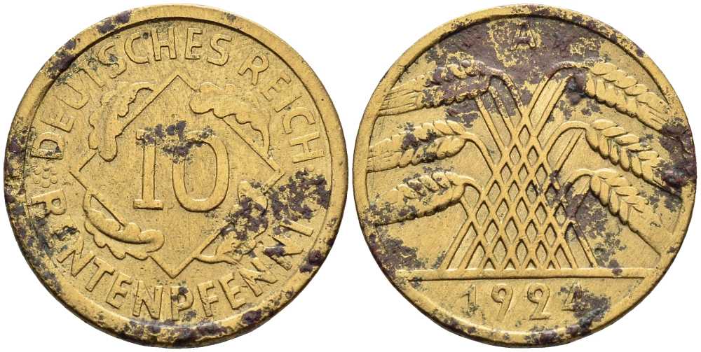 ГЕРМАНИЯ 10 РЕНТЕНПФЕННИГОВ 1924 А KM 33, J. 309 алюминиевая бронза 4401-344