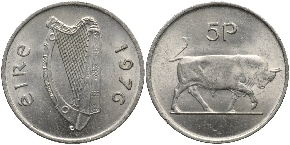 Ирландия 5 пенсов 1976 бык KM 22 медно-никель 4171-233