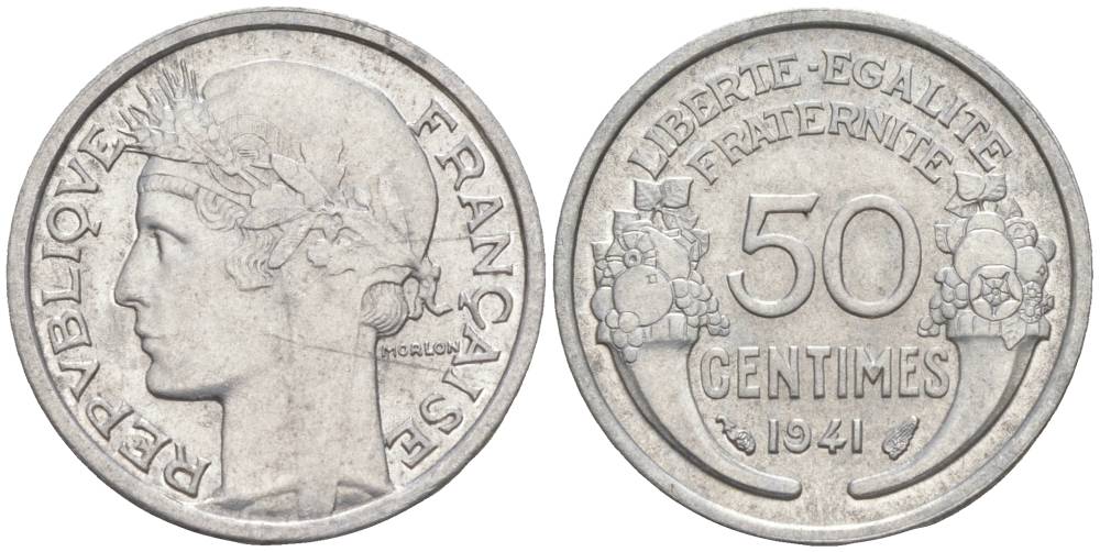 ФРАНЦИЯ 50 САНТИМОВ 1941 ТИП MORLON LOURDE KM 894.1a, LE FRANC 193.2 алюминий 44-229