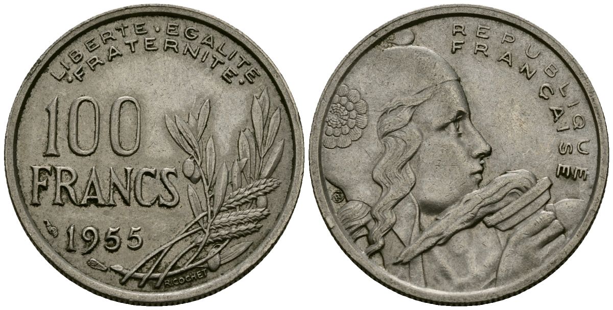 Франция 100 франков 1955 KM 919.1 медно-никель 4575-1025