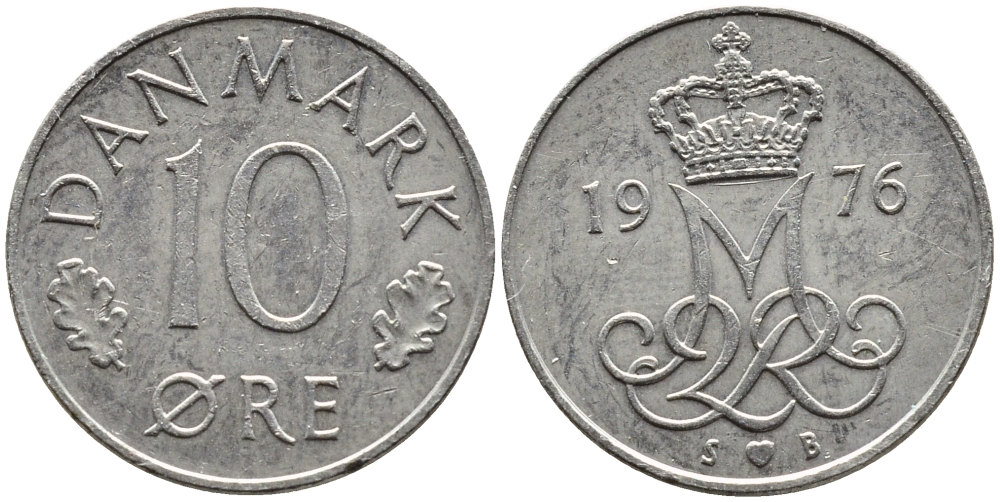 Дания 10 эре 1976 S; B, Маргрете II (1972- ) KM 860.1 медно-никель 4392-423