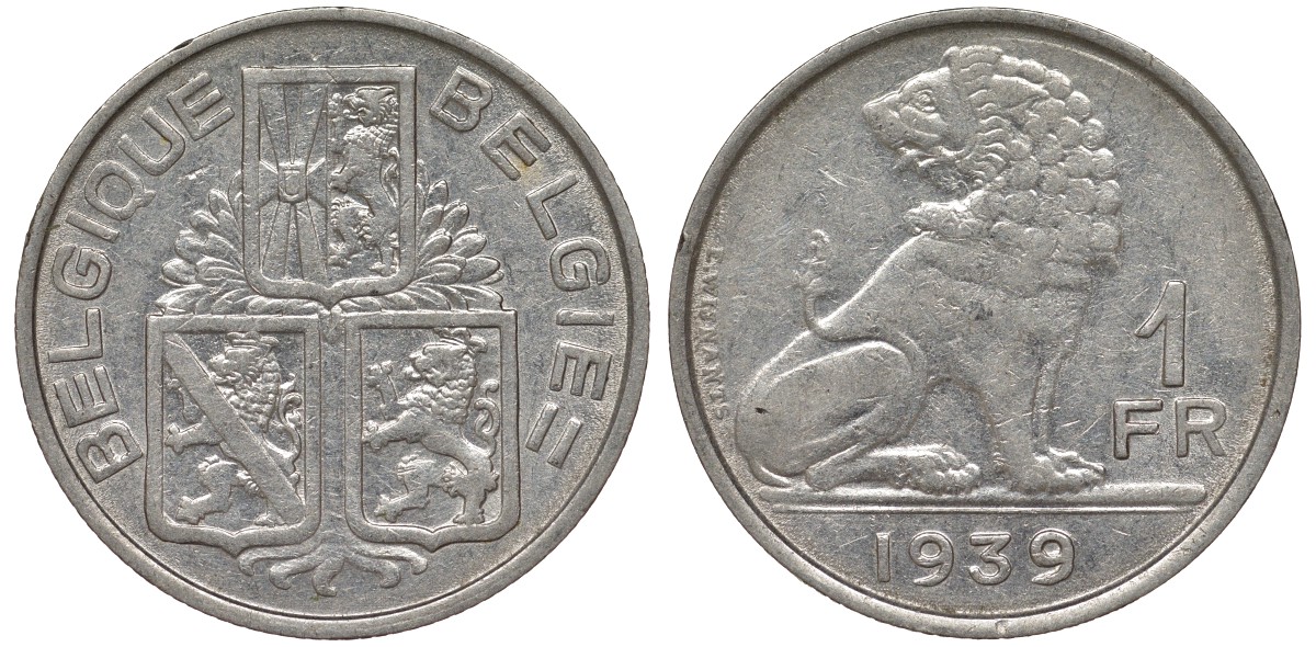 Бельгия 1 франк 1939 Леопольд III (1934-1950), Belgique-Belgie, лев KM 119 никель 4163-157