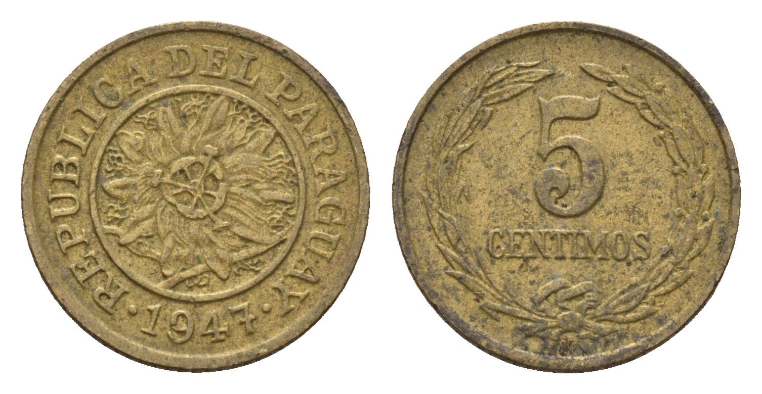 Парагвай 5 сентимо 1947 KM 21 алюминиевая бронза 4674-953