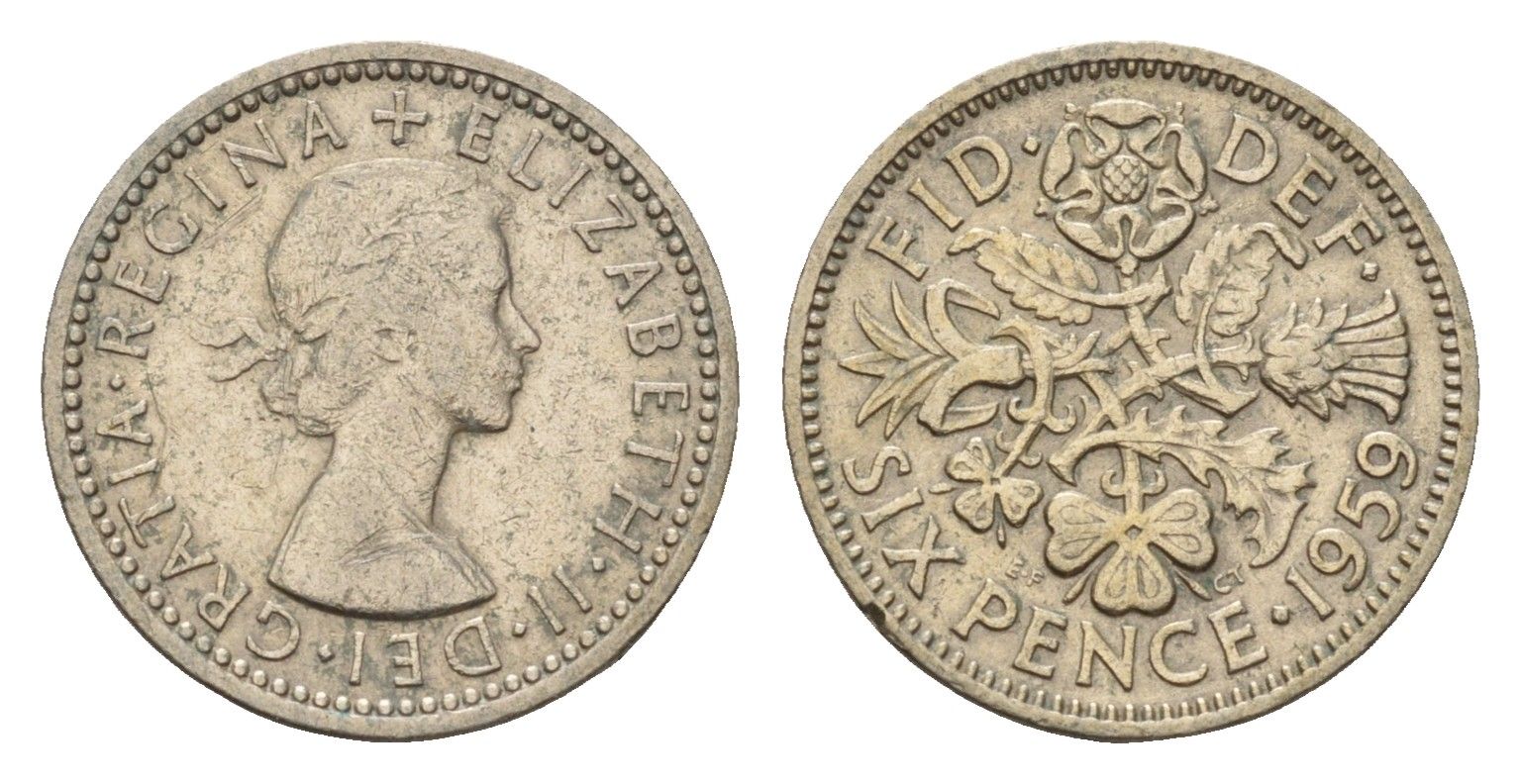 Великобритания 6 пенсов 1959 Елизавета II (1952-2022) KM 903, Spink 4149 медно-никель 100-625