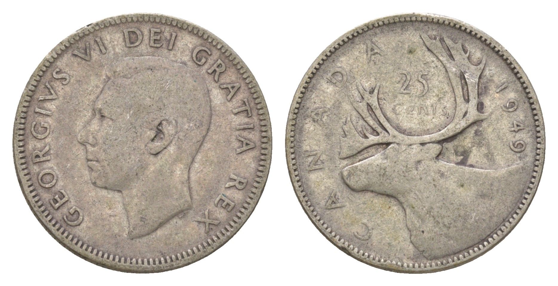 Канада 25 центов 1949 Георг VI (1936-1952), олень KM 44 серебро 4622-817