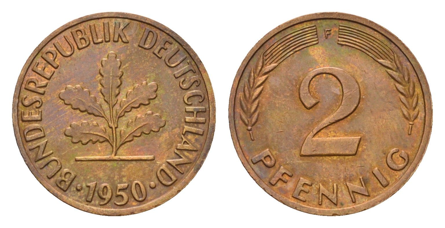 ФРГ 2 пфеннига 1950 F KM 106, J. 381 бронза 4682-1052