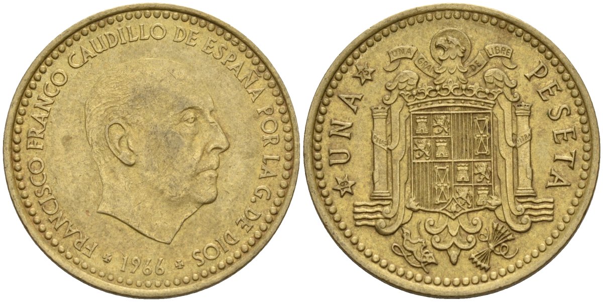 Испания 1 песета 1966 (75) Франциско Франко (1939-1975) КМ 796 алюминиевая бронза 4155-422