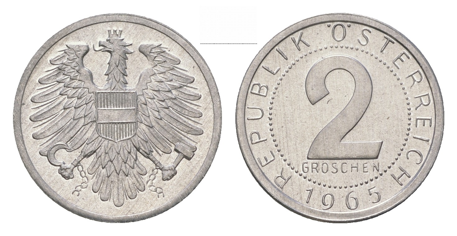 Австрия 2 гроша 1965 из ролла KM 2876 алюминий UNC M63-04