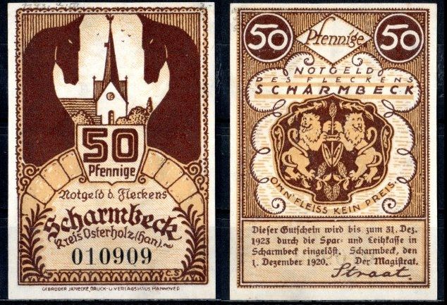 Шармбек (Пруссия, Ганновер) 50 пфеннигов 1920 Mehl Grabowski 1173.1a бумага UNC (пресс) 7553-21-2-1