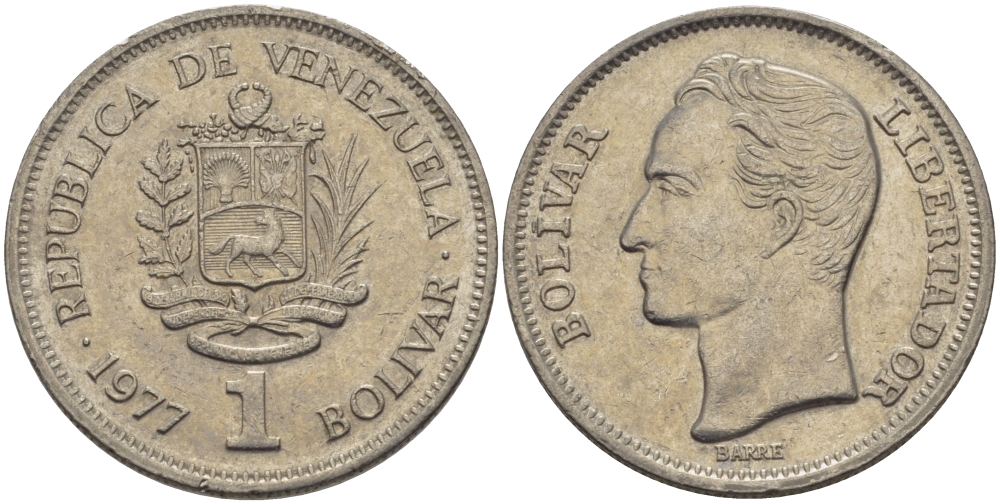 Венесуэла 1 боливар 1977 Симон Боливар KM 52 никель 31-537