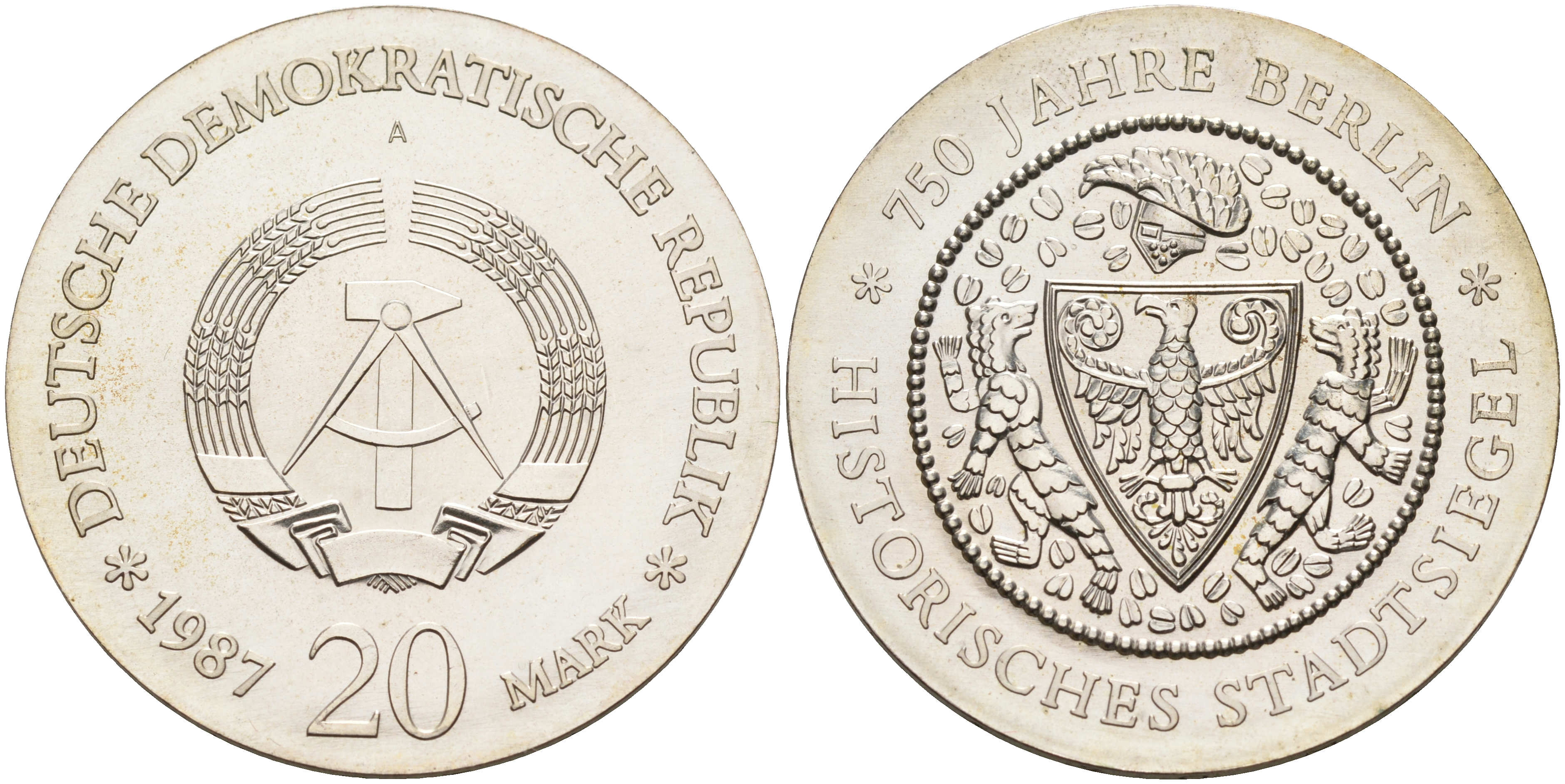 ГДР 20 марок 1987 A, 750 лет Берлину, герб города KM 119.1, J. 1617 серебро UNC 00-821-32