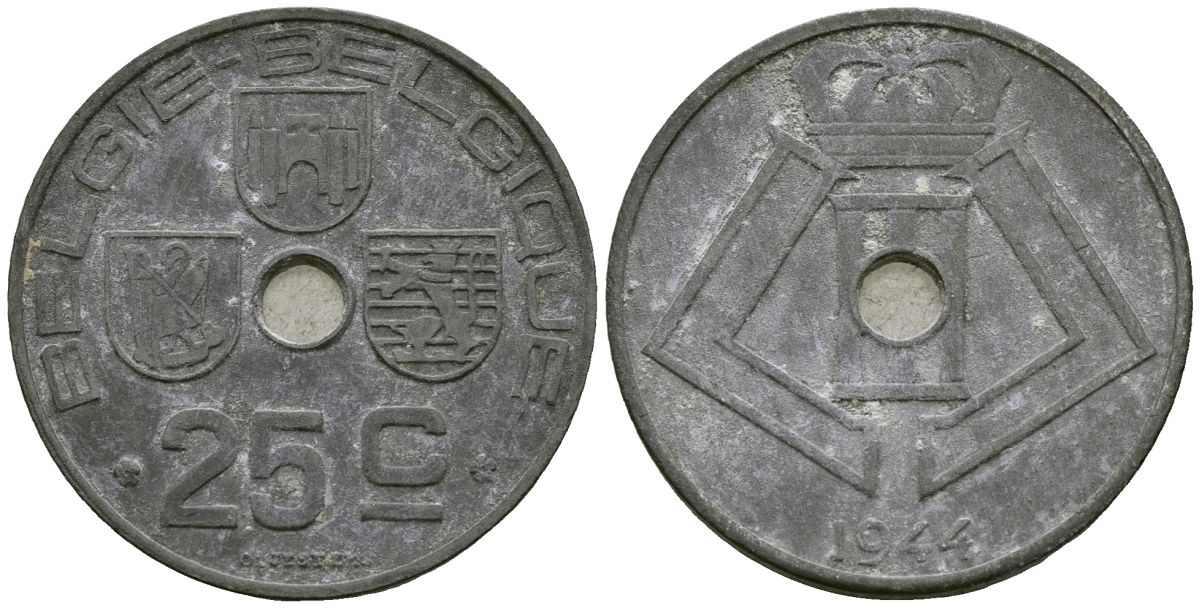 Бельгия 25 сантимов 1944 BELGIE - BELGIQUE KM 132 цинк 4172-133