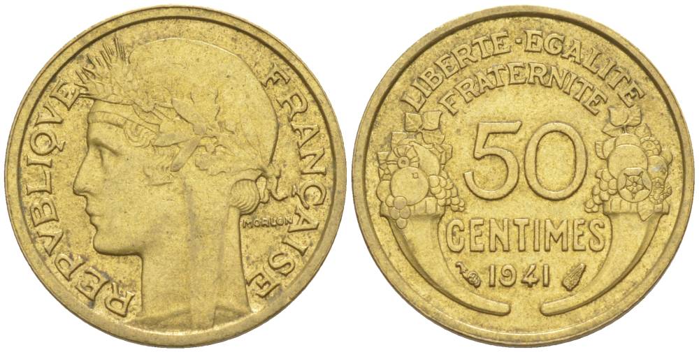 ФРАНЦИЯ 50 САНТИМОВ 1941 ТИП MORLON KM 894.1, LE FRANC 192.18 алюминиевая бронза 44-566