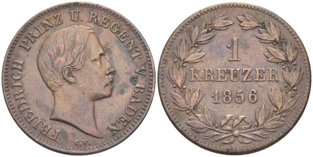 Баден 1 крейцер 1856 Великий Герцог Фридрих I (1856-1907) ПРИНЦ РЕГЕНТ КМ 231 медь 441-713