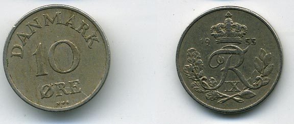 ДАНИЯ 10 ЭРЕ 1955 N; S, ФРЕДЕРИК IX (1947-1972) KM 841.1 медно-никель 54-1113