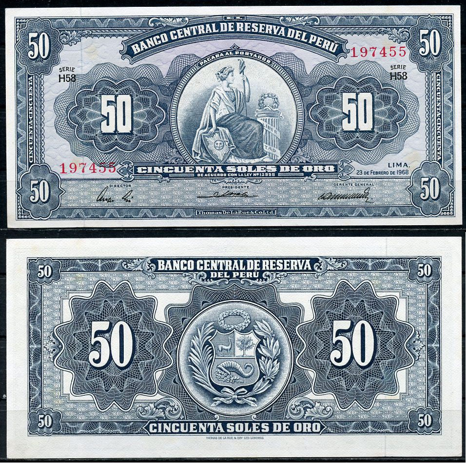 Перу 50 солей 1968 сидящая свобода, Thomas de la Rue, серия H58 Pick 85 a  бумага  UNC (пресс) 451-807-3