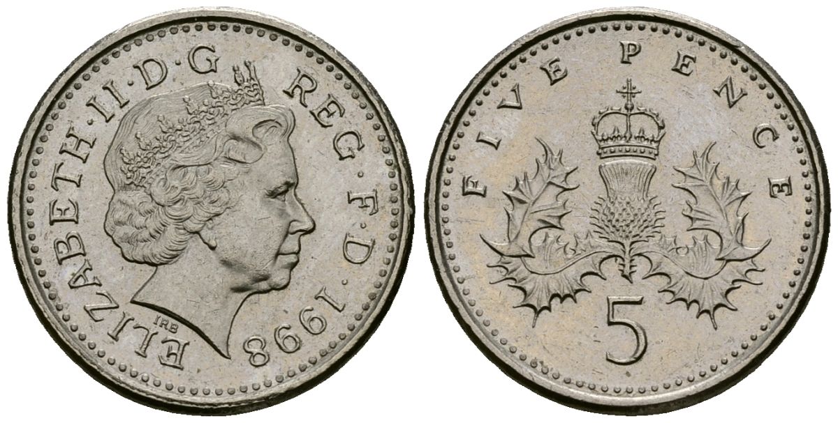 Великобритания 5 пенсов 1998 Елизавета II (1952-2022) KM 988, Spink 4670 (D5)  медно-никель 4173-761