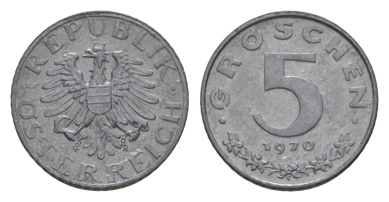 Австрия 5 грошей 1970 KM 2875 цинк UNC 4567-632