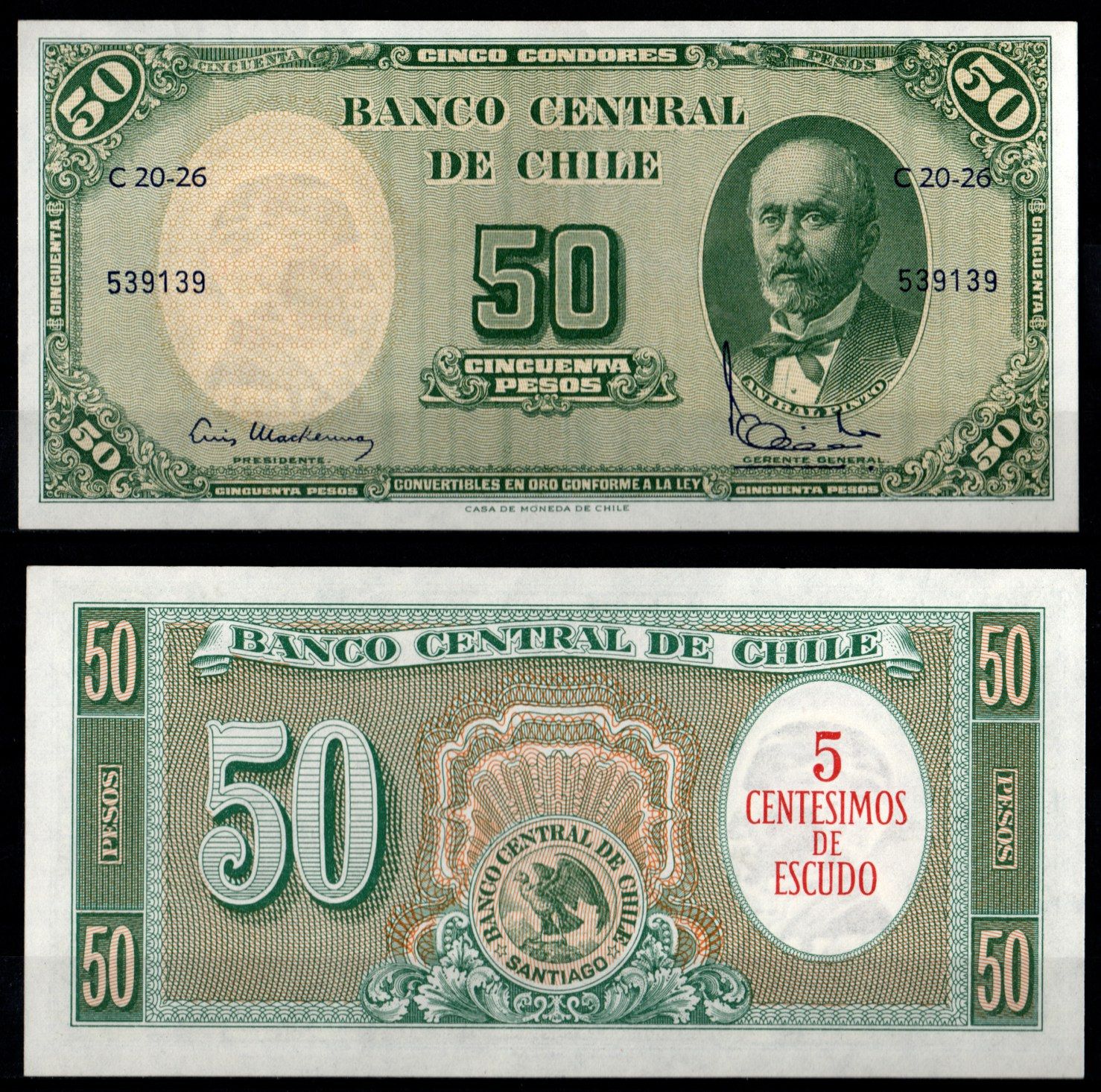 Чили 50 песо (5 сантимов) ND (1960-1961) Pick 126 b (1) бумага UNC (пресс) 8605-28-4-2