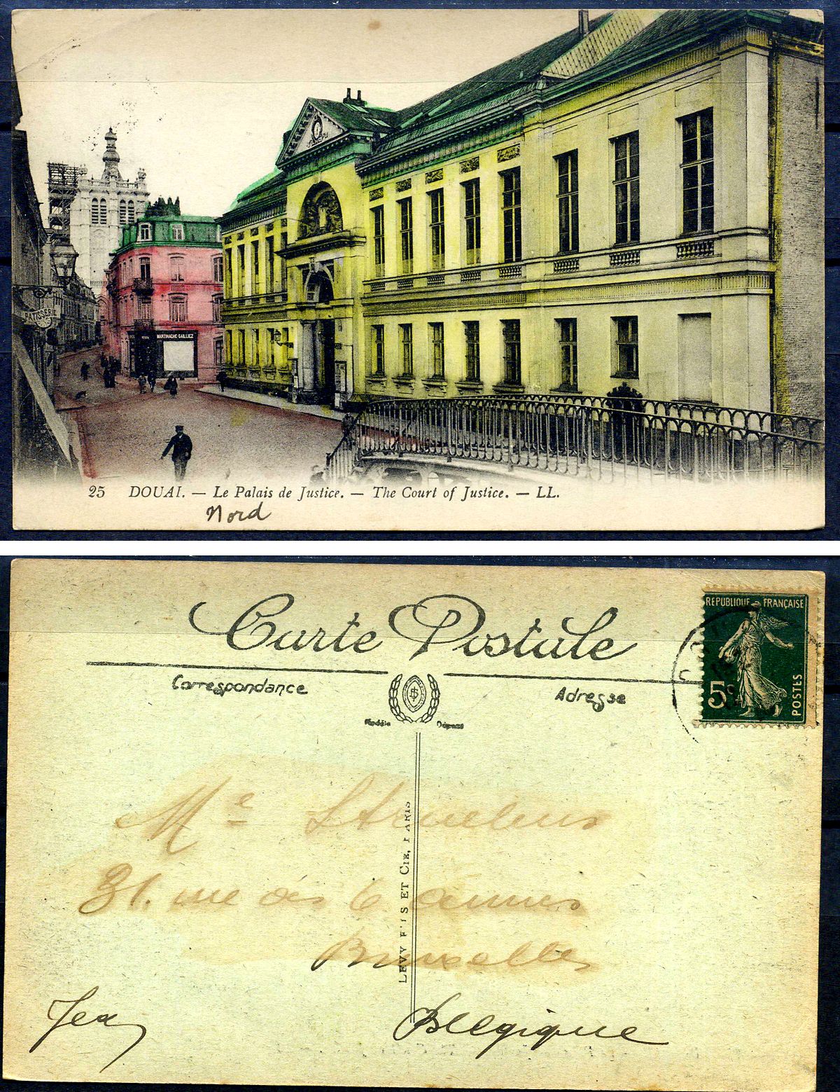 Франция carte postale - открытое письмо Дуэ - здание суда, с маркой в 5 сантимов 2193-85