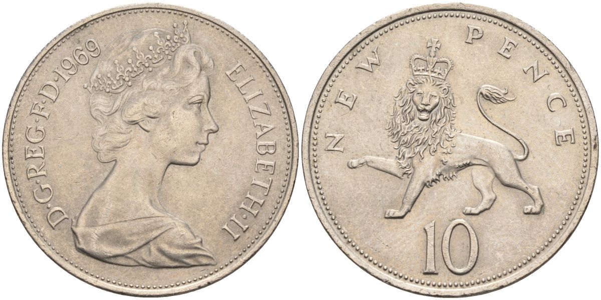 Великобритания 10 пенсов 1969 Елизавета II (1952-2022) KM 912, Spink 4231 (F1) медно-никель 4117-623