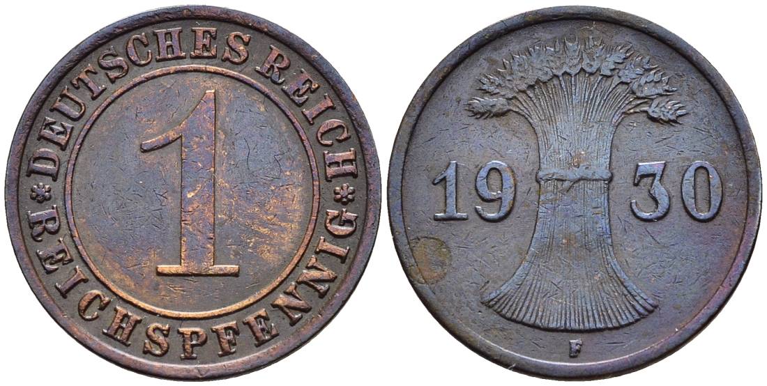 ГЕРМАНИЯ 1 РЕЙХСПФЕННИГ 1930 F KM 37, J. 313, Weege 2 бронза 4547-152