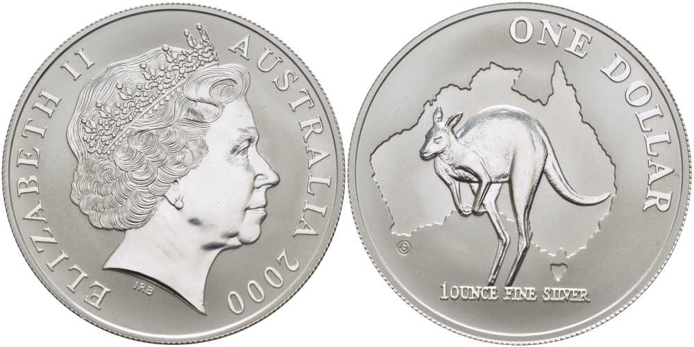Австралия 1 доллар 2000 кенгуру на фоне карты Австралии KM 490.1 серебро  UNC  00-00