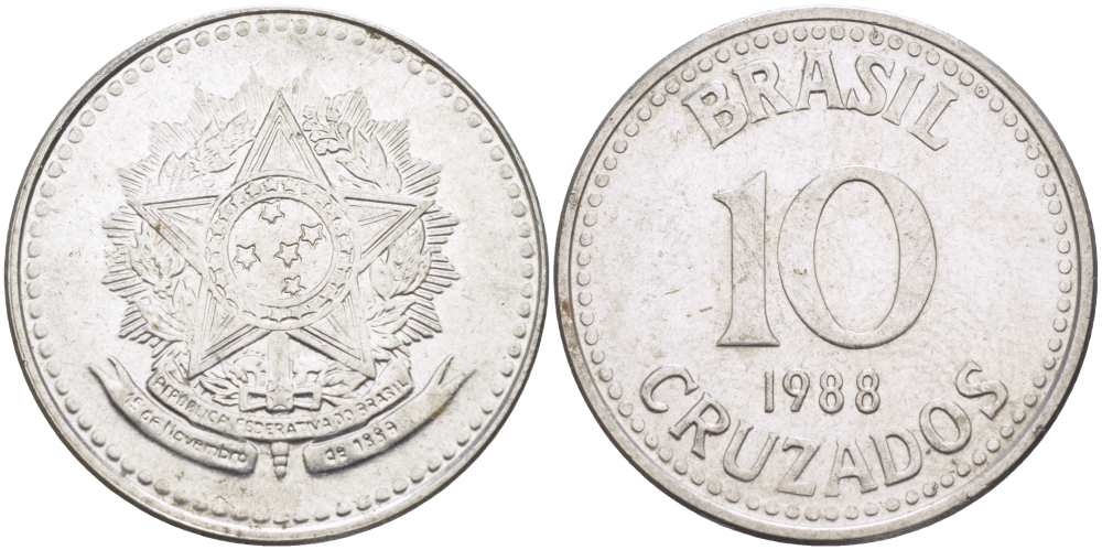 Бразилия 10 крузадо 1988 реформа 1986-1989 KM 607 нержавеющая сталь 202-145