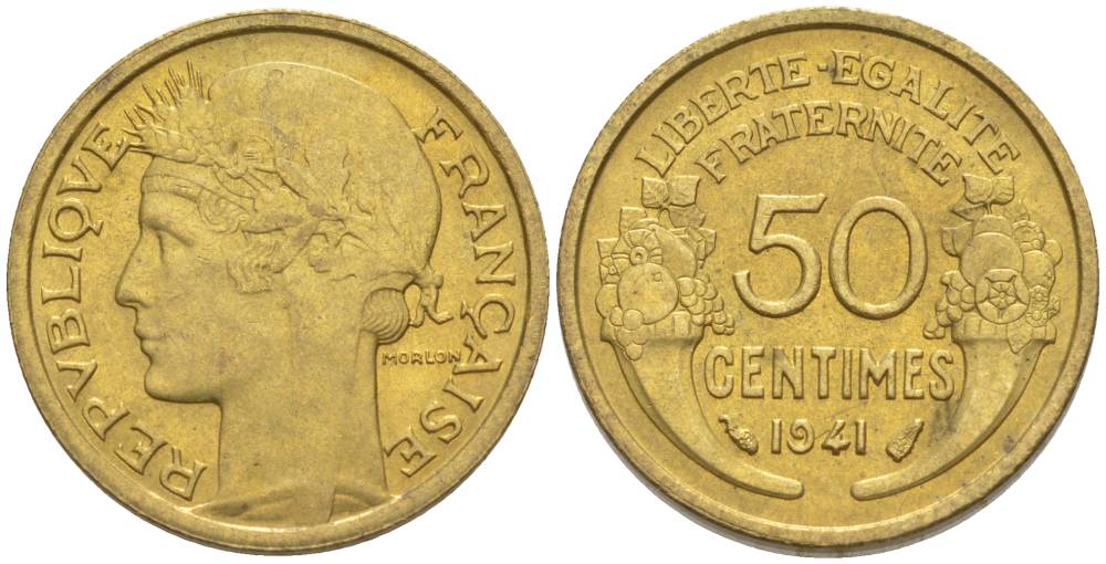 ФРАНЦИЯ 50 САНТИМОВ 1941 ТИП MORLON KM 894.1, LE FRANC 192.18 алюминиевая бронза 44-628