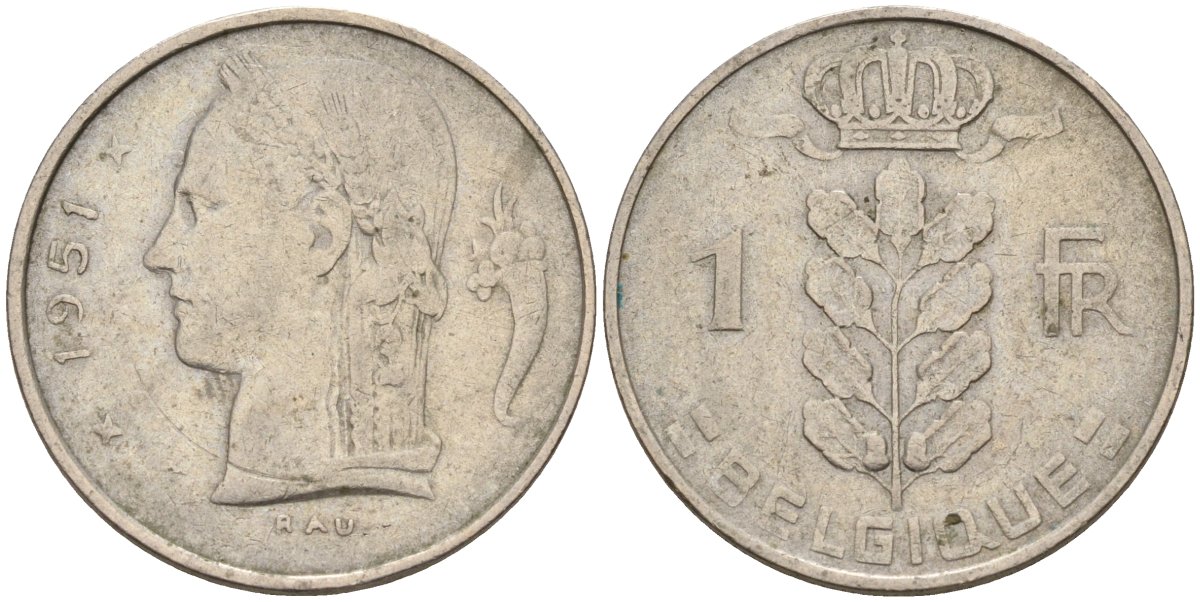 Бельгия 1 франк 1951 BELGIQUE KM 142 медно-никель 4142-446
