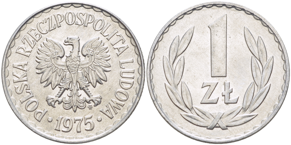 ПОЛЬША 1 ЗЛОТЫЙ 1975 MW KM 49.1, Parchimowicz 213l алюминий UNC 216-825