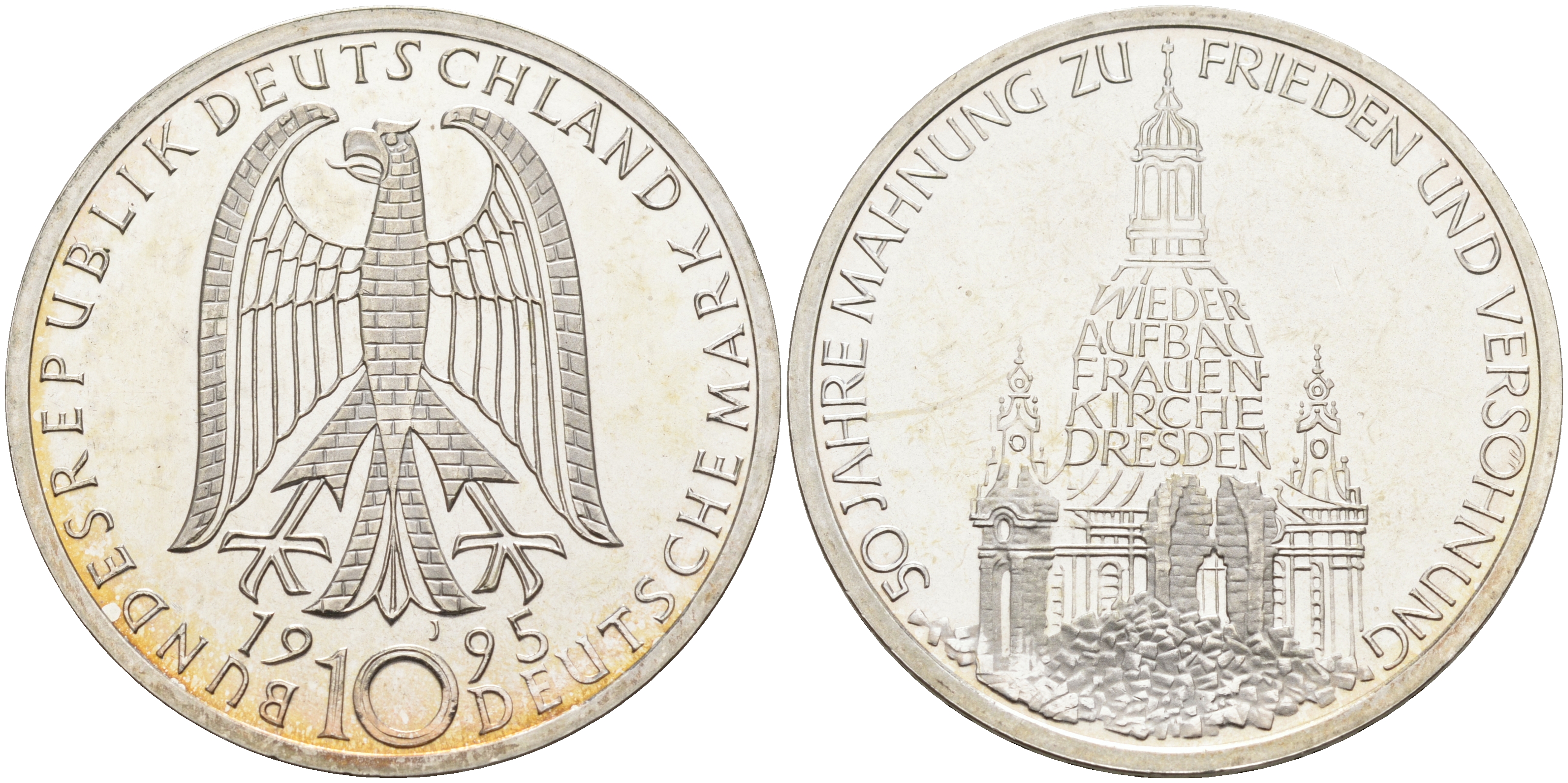 ФРГ 10 марок 1995 J, Дрезден, 50 лет в мире и согласии KM 185 серебро 4185-914