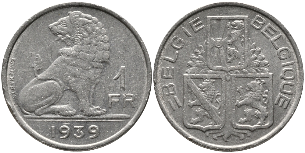 БЕЛЬГИЯ 1 ФРАНК 1939 BELGIE-BELGIQUE KM 120 никель 4385-747