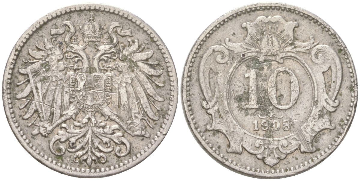 Австрия 10 геллеров 1908 Франц Иосиф I (1848-1916) KM 2802 никель 4613-1159