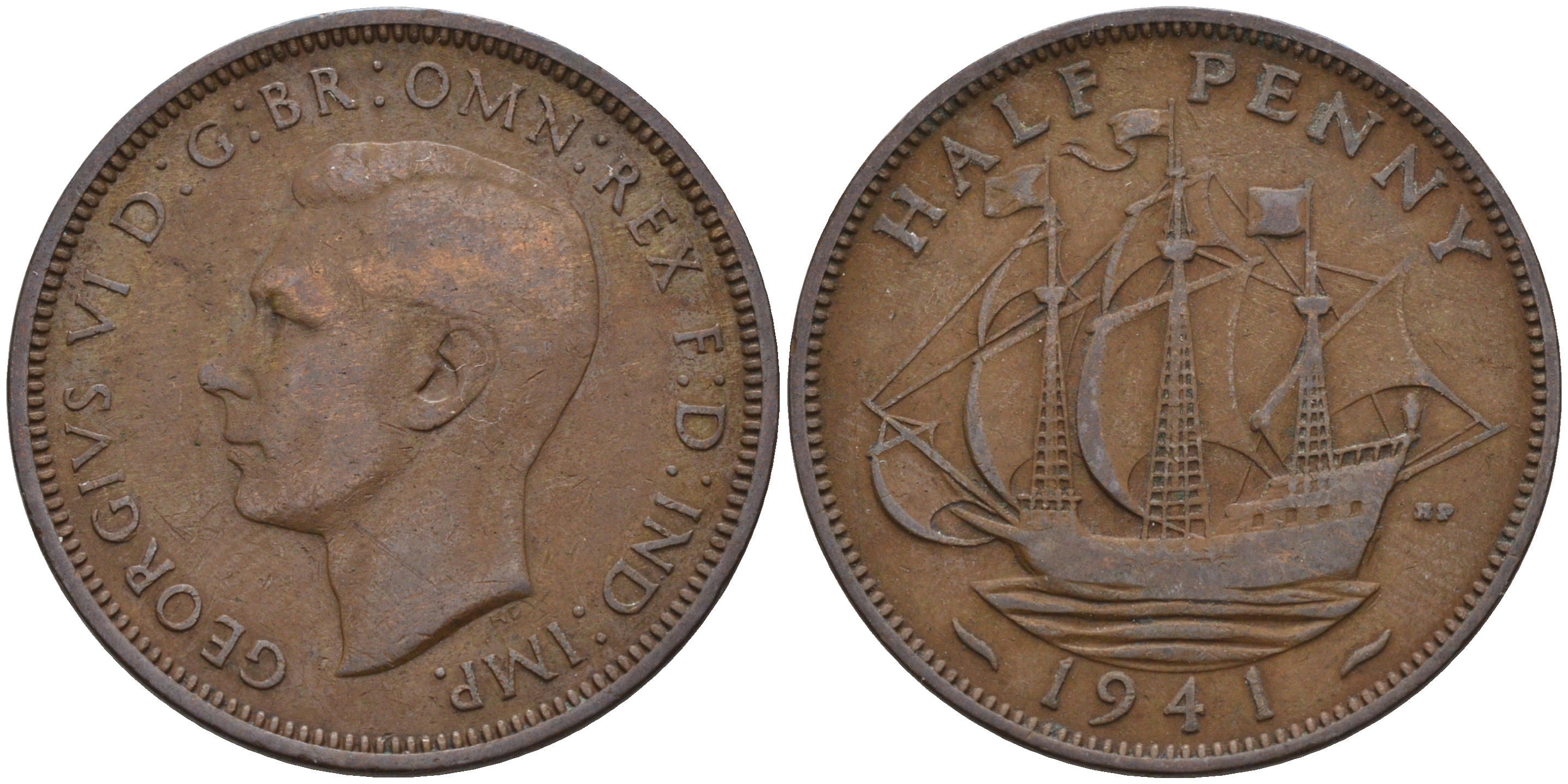 Великобритания 1/2 пенни 1941 Георг VI (1936-1952) KM 844, Spink 4115 бронза 4592-334