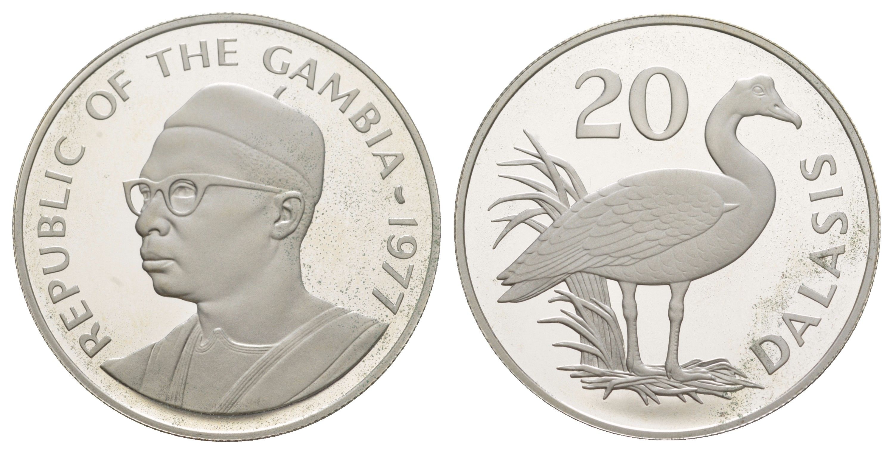 Гамбия 20 даласи 1977 Защита дикой природы - Шпорцевый гусь KM 17a серебро PROOF 3711-2122