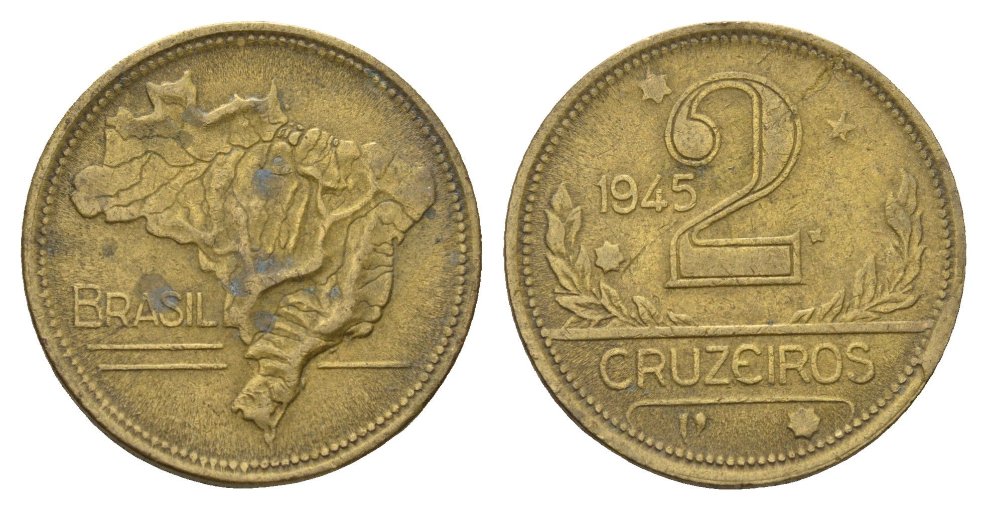 Бразилия 2 крузейро 1945 KM 559 алюминиевая бронза 4556-1226