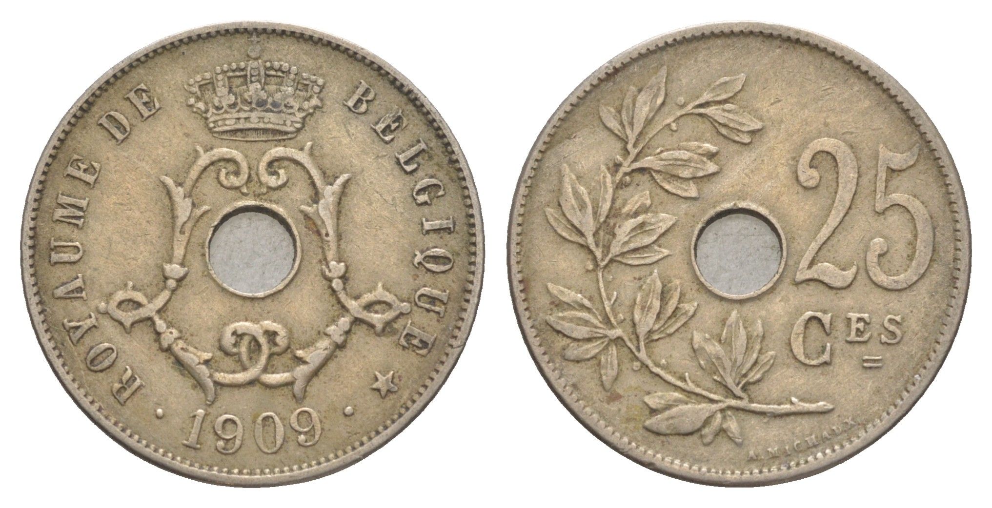 Бельгия 25 сантимов 1909 Belgique, Леопольд I (1865-1909) KM 62 медно-никель 4156-435