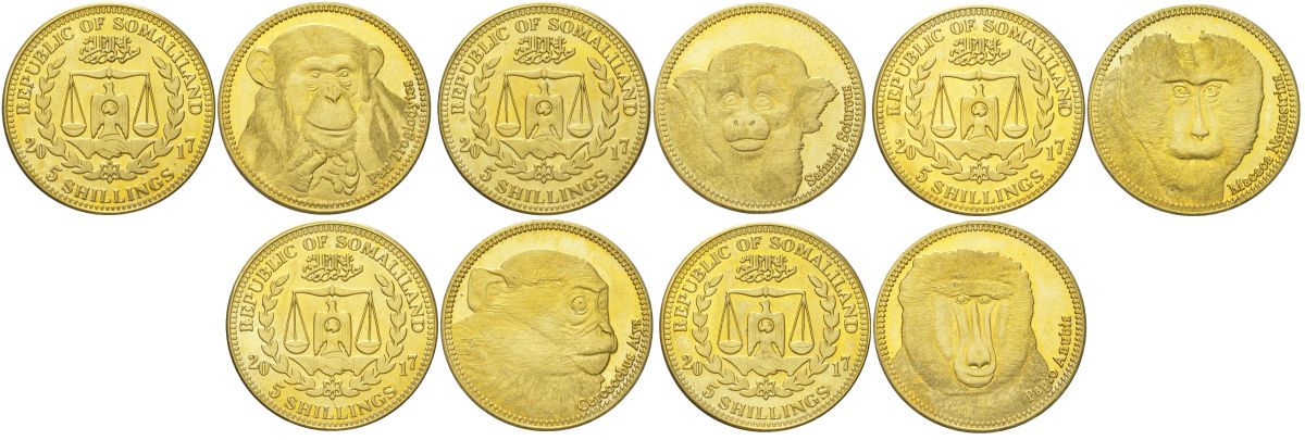 Сомалиленд полный набор из 5 монет (5 шиллингов) 2017 Обезьяны KM 117, 118, 119, 120 и 121 латунь UNC 4612-751-755