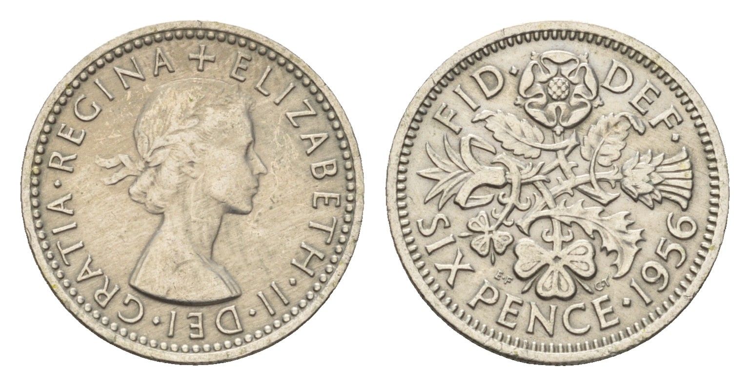 Великобритания 6 пенсов 1956 Елизавета II (1952-2022) KM 903, Spink 4149 медно-никель 100-533
