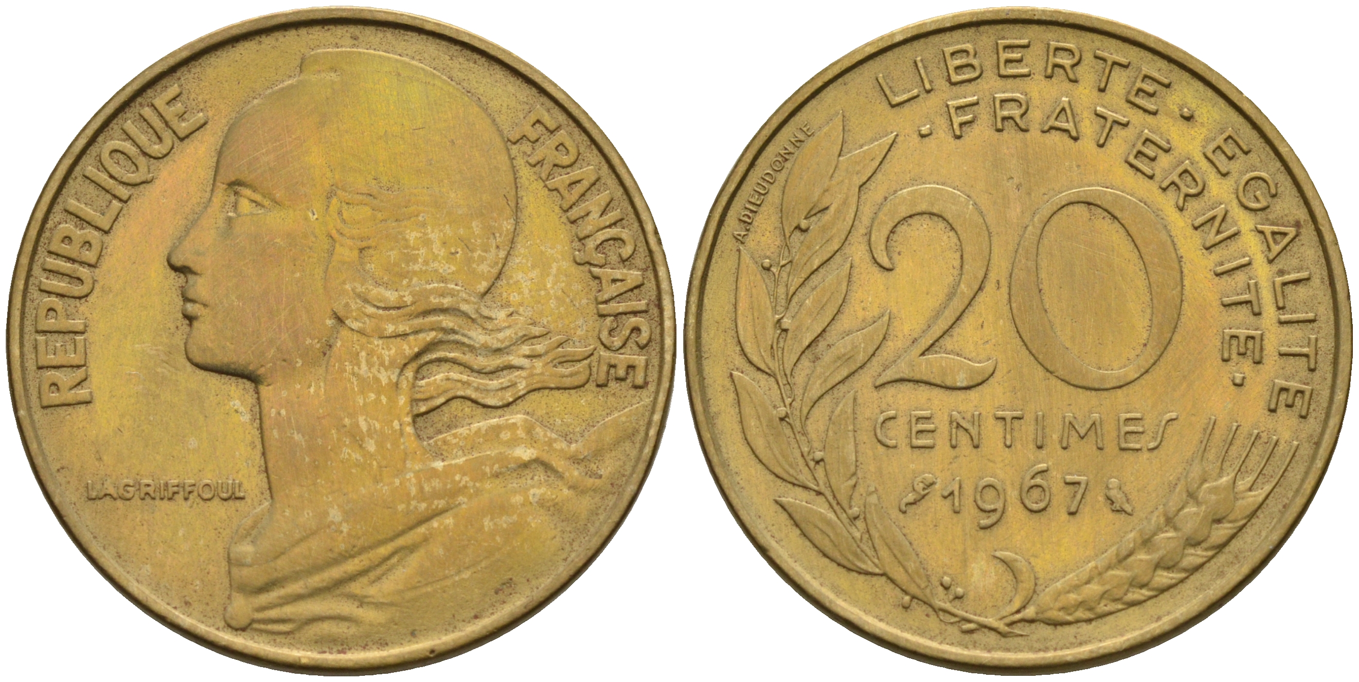 Франция 20 сантимов 1967 тип Marianne KM 930 медь алюминий никель    4595-1053