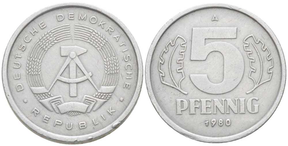 ГДР 5 пфеннигов 1980 А KM 9.2 алюминий 206-1136