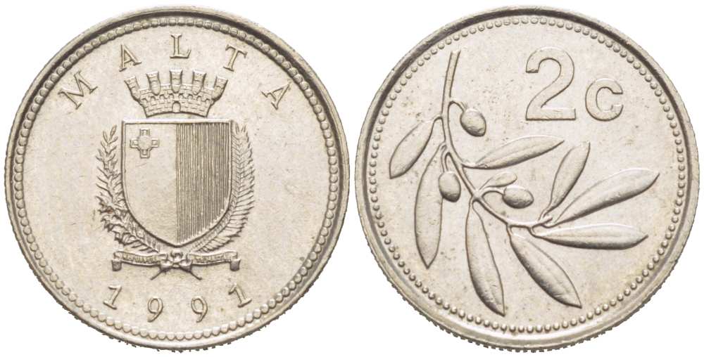 Мальта 2 цента 1991 оливковая ветвь KM 94 медно-никель 218-1226