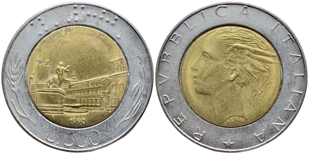 Италия 500 лир 1990 R, Квиринальский дворец в Риме KM 111 биметалл 4397-552